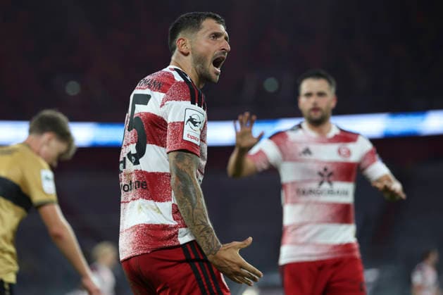 Matthias Zimmermann of Fortuna Düsseldorf gestures during the 3. Liga match between Fortuna Düsseldorf and VfB Stuttgart II at the Merkur Spiel Arena on August 28, 2026, in Düsseldorf, Germany. Photo by Oliver Kaelke, DeFodi Images. Matthias Zimmermann of Fortuna Düsseldorf gestures during the 3. Liga match between Fortuna Düsseldorf and VfB Stuttgart II at Merkur Spiel Arena on August 28, 2026 in Düsseldorf, Germany. Photo by Oliver Kaelke, DeFodi Images. DFB and DFL regulations prohibit any use of photographs as image sequences and or quasi-video. Photo by Oliver Kaelke, DeFodi Images