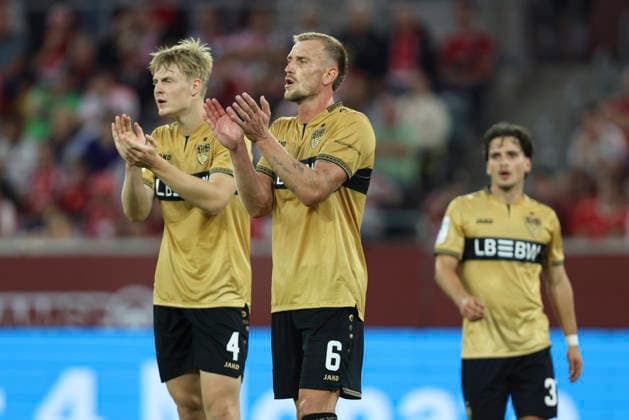 Maximilian Herwerth of VfB Stuttgart II and Alexander Groiss of VfB Stuttgart II gesturing during the 3. Liga match between Fortuna Düsseldorf and VfB Stuttgart II at the Merkur Spiel Arena on August 28, 2026, in Düsseldorf, Germany. Photo by Oliver Kaelke, DeFodi Images. Maximilian Herwerth of VfB Stuttgart II and Alexander Groiss of VfB Stuttgart II gesturing during the 3. Liga match between Fortuna Düsseldorf and VfB Stuttgart II at the Merkur Spiel Arena on August 28, 2026 in Düsseldorf, Germany. Photo by Oliver Kaelke, DeFodi Images. DFB and DFL regulations prohibit any use of photographs as image sequences and or quasi-video. Photo by Oliver Kaelke, DeFodi Images.