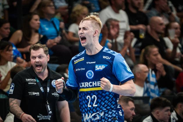 Torben Matzken, TVB Stuttgart, 22, celebration, cheer, joy, cry of joy, GER, TVB Stuttgart vs. Bergischer HC, Opel HBL, handball, Bundesliga, Matchday 1, 2026–2027 season, August 28, 2026 GER, TVB Stuttgart vs. Bergischer HC, Opel HBL, Handball, Bundesliga, Matchday 1, 2026–2027 season, August 28, 2026, Stuttgart Copyright: xSandyxDinkelackerx EP_SDR