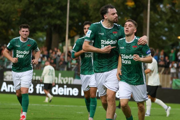 August 28, 2026, Soccer, Men s, 2026–2027 Season, Bavarian Regional League, Matchday 6: FC Schweinfurt 05 vs. SpVgg Greuther Fürth II. From left: Pietro Besso (FC Schweinfurt 05, 23) and goal scorer Philipp Hack (FC Schweinfurt 05, 07 celebrate the 3–0 victory at the Schweinfurt Riedel Bau Arena in the Sachs Stadio, Bavaria, Lower Franconia, Germany