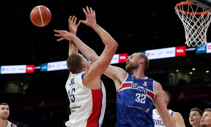 Serbia v Iceland, Group J, FIBA Basketball world cup European qualifiers Belgrade, Serbia. 28th August, 2026. Serbia s Nikola Jokic and Iceland s Tryggvi Hlinason during the FIBA basketball World cup 2027 European qualifiers basketball match between Serbia and Iceland on August 28, 2026 in Belgrade, Serbia. Belgrade Serbia Copyright: xPedjaxMilosavljevicx x