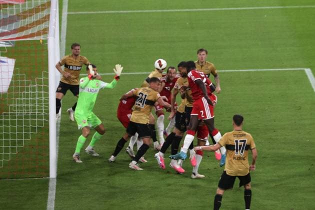 Bayerns 2 Dayot UPAMECANO trifft ins Tor zum 1:0. Fussball: Muenchen - Heidenheim. Fußball - Bundesliga, FC Bayern München - VfB Stuttgart, 1.Spieltag, Saison 2026-2027, am 28.08.2026 in Muenchen, A L L I A N Z A R E N A, Deutschland. Quelle Copyright Credit : Oryk HAIST *** Bayern s Dayot Upamecano scores the 1-0 goal in the soccer match between Munich and Heidenheim in the Bundesliga, FC Bayern Munich vs. VfB Stuttgart, Matchday 1, 2026–2027 season, on August 28, 2026, in Munich, Allianz Arena, Germany. Source: Copyright Credit Oryk HAIST xFUSSBALL-BAYERN-STUTTGARTx