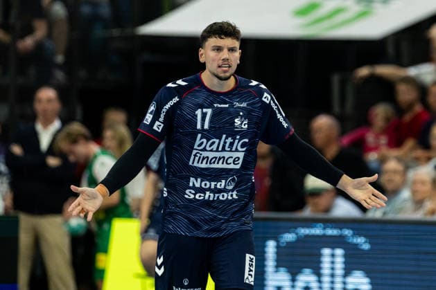 Opel HBL SG Flensburg Handewitt vs. ThSV Eisenach, August 28, 2026: Marko Grgic, No. 17, of SG Flensburg Handewitt gestures during the Opel HBL match between SG Flensburg Handewitt and ThSV Eisenach at the GGW Arena on August 28, 2026 Copyright: xBEAUTIFULxSPORTS MarioxM.xKobergx