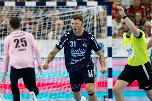 Opel HBL SG Flensburg Handewitt vs. ThSV Eisenach, August 28, 2026—Emil Jakobsen, No. 31, of SG Flensburg Handewitt celebrates a goal; Opel HBL SG Flensburg Handewitt vs. ThSV Eisenach at GGW Arena on August 28, 2026 Copyright: xBEAUTIFULxSPORTS MarioxM.xKobergx