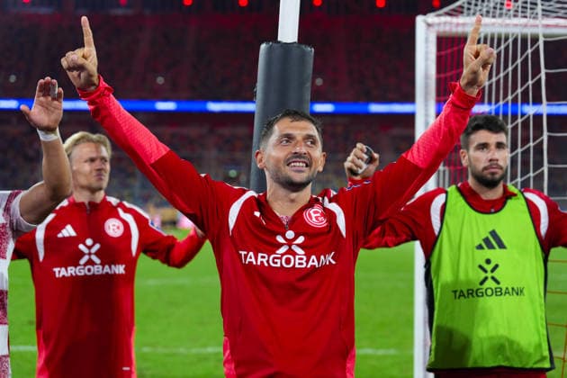 August 28, 2026, xydrx, Soccer, 3rd Division, Fortuna Düsseldorf vs. VfB Stuttgart II, 2026–2027 season, Merkur Spiel Arena: Matthias Zimmermann of Fortuna Düsseldorf, 25, celebrates the victory. DFB regulations prohibit any use of photographs as image sequences and or quasi-video. Copyright: HMBxMedia YannisxDreimann