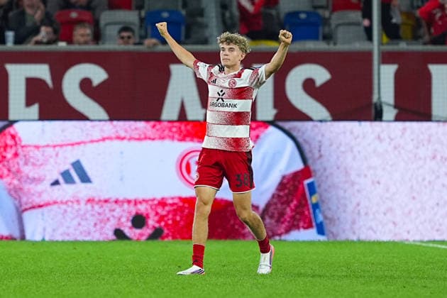 August 28, 2026, xydrx, Soccer, 3rd Division, Fortuna Düsseldorf vs. VfB Stuttgart II, 2026–2027 season, Merkur Spiel Arena: Elias Arden of Fortuna Düsseldorf (No. 38) celebrates the victory. DFB regulations prohibit any use of photographs as image sequences and or quasi-video. Copyright: HMBxMedia YannisxDreimann