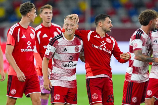 August 28, 2026, xydrx, Soccer, 3. Liga, Fortuna Düsseldorf vs. VfB Stuttgart II, 2026–2027 season, Merkur Spiel Arena: Sascha Risch (Fortuna Düsseldorf), 28, and Matthias Zimmermann (Fortuna Düsseldorf), 25, celebrate the victory. DFB regulations prohibit any use of photographs as image sequences and or quasi-video. Copyright: HMBxMedia YannisxDreimann