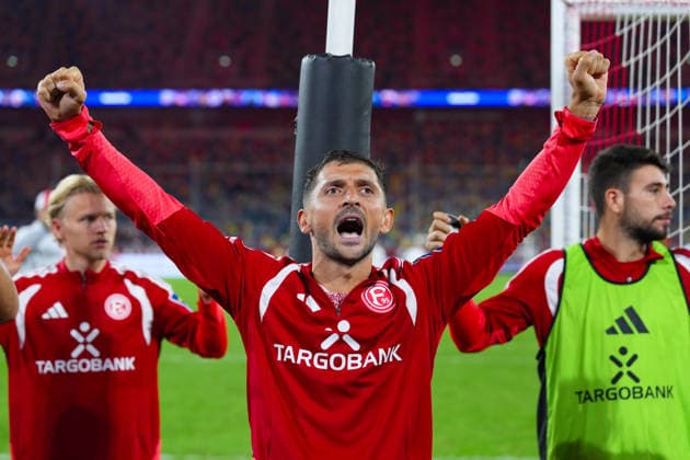 August 28, 2026, xydrx, soccer, 3. Liga, Fortuna Düsseldorf vs. VfB Stuttgart II, 2026–2027 season, Merkur Spiel Arena: Matthias Zimmermann of Fortuna Düsseldorf, 25, celebrates the victory. DFB regulations prohibit any use of photographs as image sequences and or quasi-video. Copyright: HMBxMedia YannisxDreimann