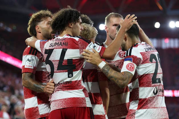 Andreas Mueller of Fortuna Düsseldorf celebrates with his teammates after scoring the 1-0 goal during the 3. Liga match between Fortuna Düsseldorf and VfB Stuttgart II at the Merkur Spiel Arena on August 28, 2026, in Düsseldorf, Germany. Photo by Oliver Kaelke, DeFodi Images. Andreas Mueller of Fortuna Düsseldorf celebrates after scoring his team’s first goal with teammates during the 3. Liga match between Fortuna Düsseldorf and VfB Stuttgart II at Merkur Spiel Arena on August 28, 2026 in Düsseldorf, Germany. Photo by Oliver Kaelke, DeFodi Images. DFB and DFL regulations prohibit any use of photographs as image sequences and or quasi-video. Photo by Oliver Kaelke, DeFodi Images.