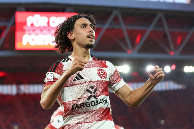 Anas Slimani of Fortuna Düsseldorf celebrates after scoring the 1-0 goal during the 3. Liga match between Fortuna Düsseldorf and VfB Stuttgart II at Merkur Spiel Arena on August 28, 2026, in Düsseldorf, Germany. Photo by Oliver Kaelke, DeFodi Images. Anas Slimani of Fortuna Düsseldorf celebrates after his team’s first goal during the 3. Liga match between Fortuna Düsseldorf and VfB Stuttgart II at Merkur Spiel Arena on August 28, 2026 in Düsseldorf, Germany. Photo by Oliver Kaelke, DeFodi Images. DFB and DFL regulations prohibit any use of photographs as image sequences and or quasi-video. Photo by Oliver Kaelke, DeFodi Images.