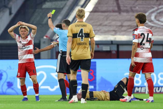 Andreas Mueller of Fortuna Düsseldorf receives a yellow card during the 3. Liga match between Fortuna Düsseldorf and VfB Stuttgart II at the Merkur Spiel Arena on August 28, 2026, in Düsseldorf, Germany Photo by Oliver Kaelke, DeFodi Images Andreas Mueller of Fortuna Düsseldorf receives a yellow card during the 3. Liga match between Fortuna Düsseldorf and VfB Stuttgart II at Merkur Spiel Arena on August 28, 2026 in Düsseldorf, Germany. Photo by Oliver Kaelke, DeFodi Images. DFB and DFL regulations prohibit any use of photographs as image sequences and or quasi-video. Photo by Oliver Kaelke, DeFodi Images