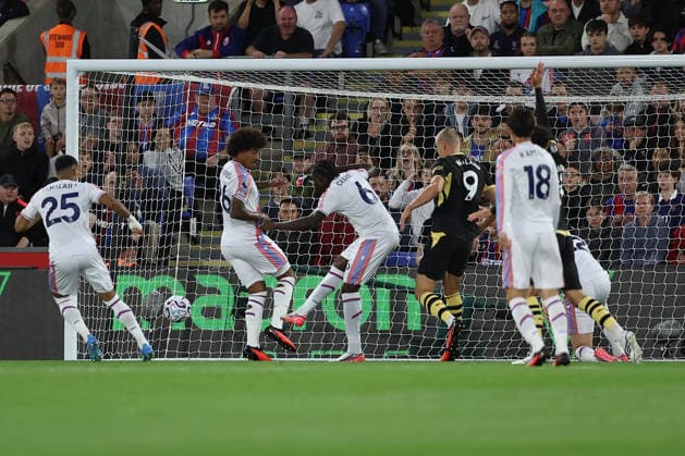 28th August 2026; Selhurst Park, Selhurst, London, England; Premier League Football, Crystal Palace versus Manchester City; Jaydee Canvot of Crystal Palace makes a goal line clearance against Erling Haaland of Manchester City KatiexChan