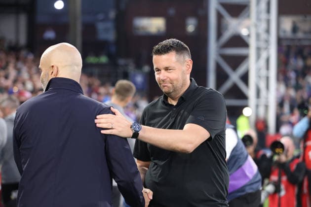 28th August 2026; Selhurst Park, Selhurst, London, England; Premier League Football, Crystal Palace versus Manchester City; Crystal Palace manager Pierre Sage is greeted by Manchester City manager Enzo Maresca before the match KatiexChan