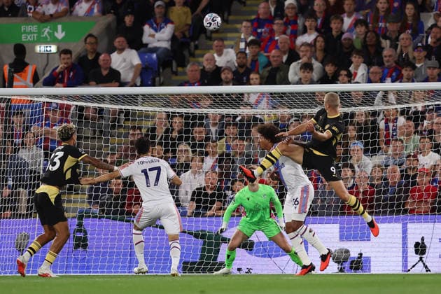 28th August 2026; Selhurst Park, Selhurst, London, England; Premier League Football, Crystal Palace versus Manchester City; Erling Haaland of Manchester City scores i the 17th minute with a looping header for 0-1 KatiexChan