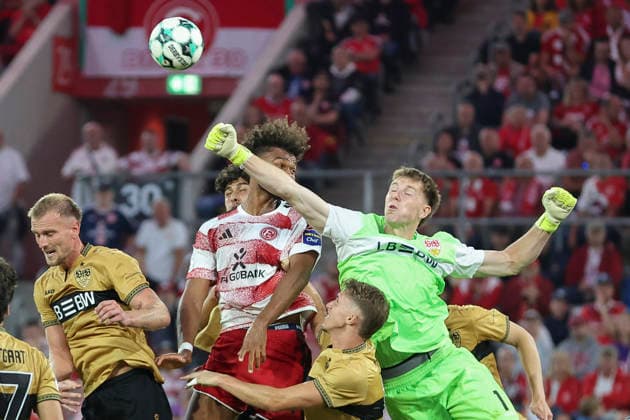Elias Egouli of Fortuna Düsseldorf and goalkeeper Jerik von der Felsen of VfB Stuttgart II battle for the ball during the 3. Liga match between Fortuna Düsseldorf and VfB Stuttgart II at the Merkur Spiel Arena on August 28, 2026, in Düsseldorf, Germany. Photo by Oliver Kaelke, DeFodi Images. Elias Egouli of Fortuna Düsseldorf and goalkeeper Jerik von der Felsen of VfB Stuttgart II battle for the ball during the 3. Liga match between Fortuna Düsseldorf and VfB Stuttgart II at Merkur Spiel Arena on August 28, 2026 in Düsseldorf, Germany. Photo by Oliver Kaelke, DeFodi Images. DFB and DFL regulations prohibit any use of photographs as image sequences and or quasi-video. Photo by Oliver Kaelke, DeFodi Images.
