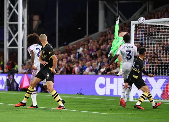 London, England, 28th August 2026. Erling Haaland of Manchester City scores to make it 1-0 during the Crystal Palace vs Manchester City Premier League match at Selhurst Park, London. Picture credit should read: Paul Terry Sportimage EDITORIAL USE ONLY. No use with unauthorised audio, video, data, fixture lists, club league logos or live services. Online in-match use limited to 120 images, no video emulation. No use in betting, games or single club league player publications. SPI_024_PT_Palace_Man_City SPI-4936-0024