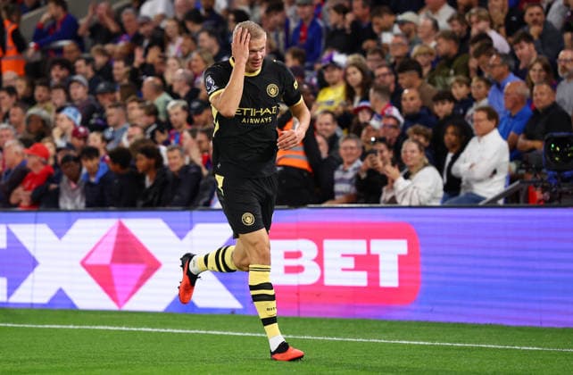 London, England, 28th August 2026. Erling Haaland of Manchester City celebrates after scoring to make it 1-0 during the Crystal Palace vs Manchester City Premier League match at Selhurst Park, London. Picture credit should read: Paul Terry Sportimage EDITORIAL USE ONLY. No use with unauthorised audio, video, data, fixture lists, club league logos or live services. Online in-match use limited to 120 images, no video emulation. No use in betting, games or single club league player publications. SPI_026_PT_Palace_Man_City SPI-4936-0026
