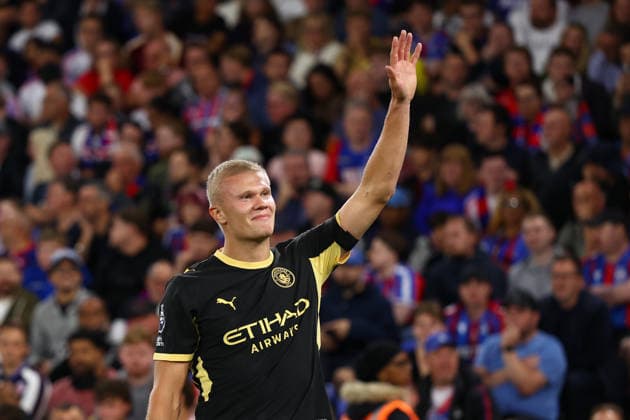 London, England, 28th August 2026. Erling Haaland of Manchester City celebrates after scoring to make it 1-0 during the Crystal Palace vs Manchester City Premier League match at Selhurst Park, London. Picture credit should read: Paul Terry Sportimage EDITORIAL USE ONLY. No use with unauthorised audio, video, data, fixture lists, club league logos or live services. Online in-match use limited to 120 images, no video emulation. No use in betting, games or single club league player publications. SPI_028_PT_Palace_Man_City SPI-4936-0028