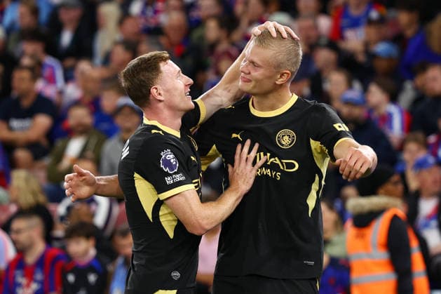 London, England, 28th August 2026. Erling Haaland of Manchester City celebrates with Elliot Anderson of Manchester City after scoring to make it 1-0 during the Crystal Palace vs Manchester City Premier League match at Selhurst Park, London. Picture credit should read: Paul Terry Sportimage EDITORIAL USE ONLY. No use with unauthorised audio, video, data, fixture lists, club league logos or live services. Online in-match use limited to 120 images, no video emulation. No use in betting, games or single club league player publications. SPI_031_PT_Palace_Man_City SPI-4936-0031