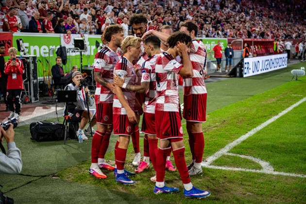 Third Division: Fortuna Düsseldorf vs. VfB Stuttgart II, Matchday 3, August 28, 2026—Fortuna Düsseldorf celebrating a goal; goal scorer Andreas Müller; Fortuna Düsseldorf 6, Third Division: Fortuna Düsseldorf vs. VfB Stuttgart II, Matchday 3, August 28, 2026, Merkur Spielarena, Düsseldorf DFB REGULATIONS PROHIBIT ANY USE OF PHOTOGRAPHS AS IMAGE SEQUENCES AND OR QUASI-VIDEO Copyright: xBEAUTIFULxSPORTS Erlhofx