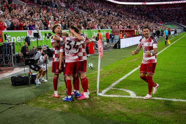 Third Division: Fortuna Düsseldorf vs. VfB Stuttgart II, Matchday 3, August 28, 2026. Fortuna Düsseldorf celebrates a goal scored by Anas Slimani (Fortuna Düsseldorf 34) and Andreas Müller (Fortuna Düsseldorf 6), Matthias Zimmermann (Fortuna Düsseldorf) 25, Third Division: Fortuna Düsseldorf vs. VfB Stuttgart II, Matchday 3, August 28, 2026, Merkur Spielarena, Düsseldorf DFB regulations prohibit any use of photographs as image sequences and or quasi-video Copyright: xBEAUTIFULxSPORTS Erlhofx
