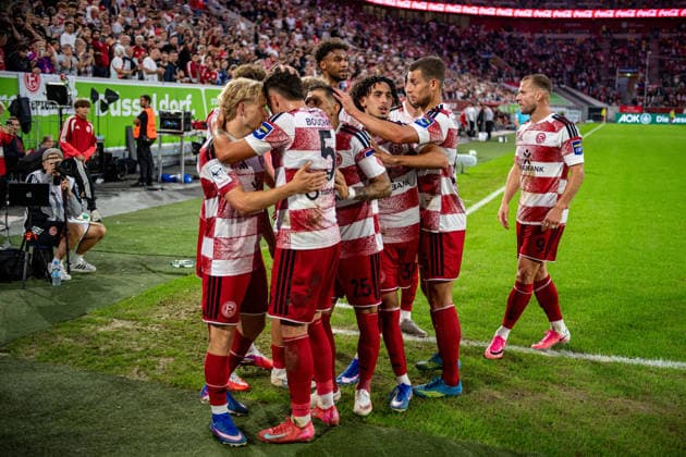 Third Division: Fortuna Düsseldorf vs. VfB Stuttgart II, Matchday 3, August 28, 2026—Fortuna Düsseldorf celebrating a goal; goal scorer Andreas Müller; Fortuna Düsseldorf 6, Third Division: Fortuna Düsseldorf vs. VfB Stuttgart II, Matchday 3, August 28, 2026, Merkur Spielarena, Düsseldorf. DFB regulations prohibit any use of photographs as image sequences and or quasi-video. Copyright: xBEAUTIFULxSPORTS Erlhofx