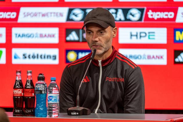 Third Division: Fortuna Düsseldorf vs. VfB Stuttgart II, Matchday 3, August 28, 2026. Alexander Ende, coach of Fortuna Düsseldorf, at the press conference following the Third Division match between Fortuna Düsseldorf and VfB Stuttgart II on Matchday 3, August 28, 2026, Merkur Spielarena, Düsseldorf. DFB regulations prohibit any use of photographs as image sequences and or quasi-video. Copyright: xBEAUTIFULxSPORTS Erlhofx