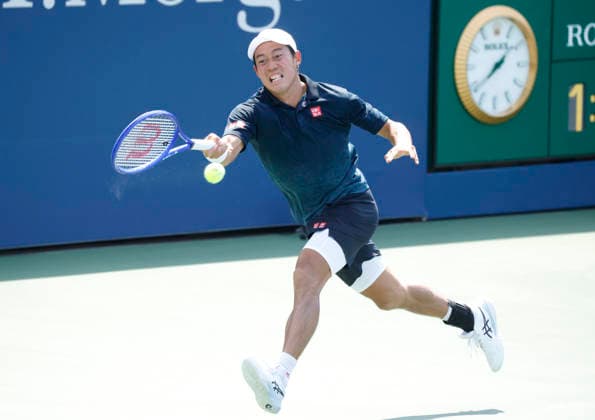 Kei Nishikori of Japan returns a ball to Rei Sakamoto of Japan before his defeat in a qualifying final round match at the 2026 US Open Tennis Championship at the USTA Billie Jean King National Tennis Center in New York City on Friday, August 28, 2026. This was Nishikori s final Grand Slam appearance.  NYP20260828140 JOHNxANGELILLO