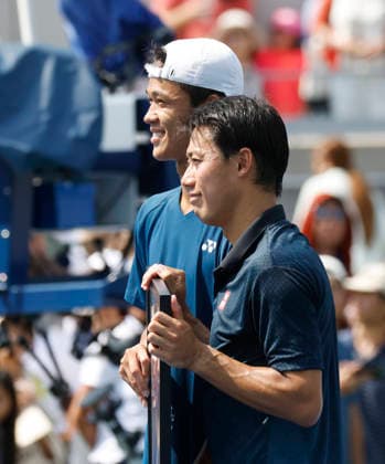 Kei Nishikori of Japan stands with Rei Sakamoto of Japan after his defeat in a qualifying final round match at the 2026 US Open Tennis Championship at the USTA Billie Jean King National Tennis Center in New York City on Friday, August 28, 2026. This was Nishikori s final Grand Slam appearance.  NYP20260828143 JOHNxANGELILLO