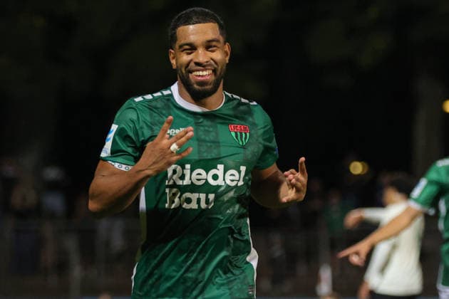 August 28, 2026, Soccer, Men s, 2026–2027 Season, Bavarian Regional League, Matchday 6: FC Schweinfurt 05 vs. SpVgg Greuther Fürth II; Goal scorer: Jason Prodanovic (FC Schweinfurt 05); 17 celebrates his 4-0 victory at the Riedel Bau Arena in Sachs, Lower Franconia, Bavaria, Germany