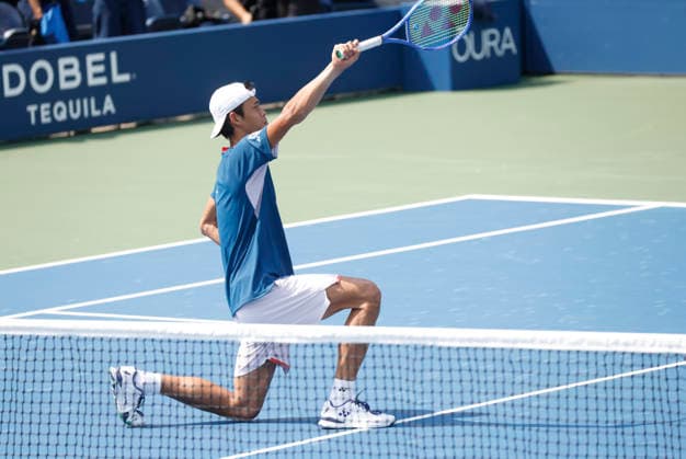Rei Sakamoto of Japan reacts after match point defeating Kei Nishikori of Japan in straight sets in a qualifying final round match at the 2026 US Open Tennis Championship at the USTA Billie Jean King National Tennis Center in New York City on Friday, August 28, 2026. This was Nishikori s final Grand Slam appearance.  NYP20260828135 JOHNxANGELILLO