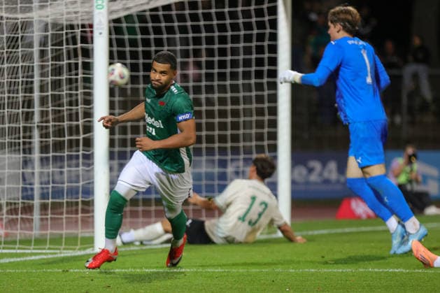August 28, 2026, Soccer, Men s, 2026–2027 Season, Bavarian Regional League, Matchday 6: FC Schweinfurt 05 vs. SpVgg Greuther Fürth II. Goal scorer: Jason Prodanovic (FC Schweinfurt 05), 17, celebrates his 4-0 victory at the Riedel Bau Arena in Sachs, Lower Franconia, Bavaria, Germany