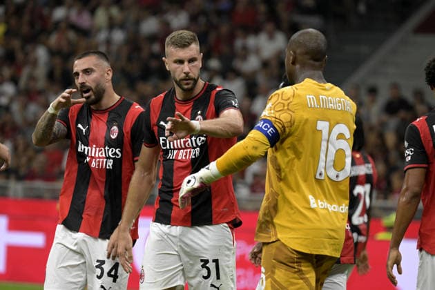 Foto IPP Paolo Bona Milano 28 08 2026 Campionato Serie A di Calcio stagione 2026 2027 partita Milan-Venezia Nella foto Mario Gila, Strahinja Pavlovic e Mike Maignan Italy Photo Press Worldwide Copyright italy Italy ITALY  Copyright: xR4924_italyphotopressx