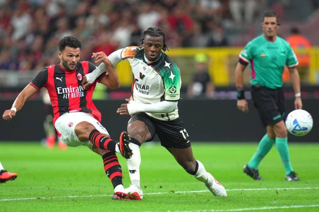 AC Milan™s Goncalo Ramos fights for the ball with Venezia™s Armel Bella-Kotchap during the Serie A soccer match between Ac Milan and Venezia at the San Siro Stadium in Milan, north Italy - Friday August 28 , 2026. - Soccer  Copyright: xSpada LaPressex