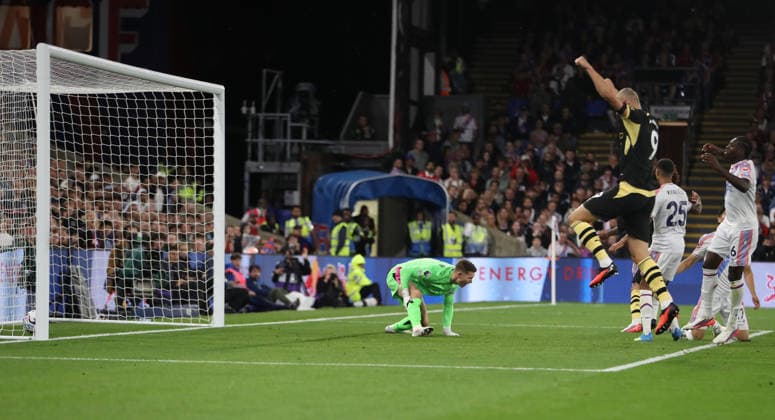 28th August 2026; Selhurst Park, Selhurst, London, England; Premier League Football, Crystal Palace versus Manchester City; Erling Haaland of Manchester City jumps in celebration at Rayan Cherki goal in the 54th minute for 0-2 KatiexChan