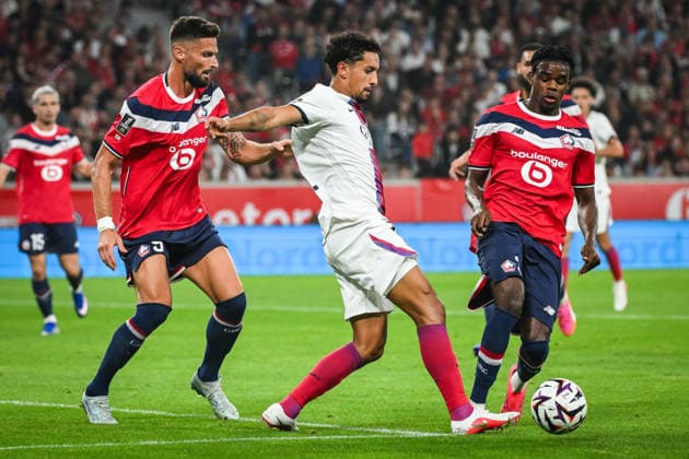 August 28, 2026, Villeneuve-D ascq, France, France: Olivier GIROUD of Lille, MARQUINHOS of PSG and Nathan NGOY of Lille during the Ligue 1 match between Lille OSC (LOSC) and Paris Saint-Germain (PSG) at Pierre Mauroy Stadium on August 28, 2026 in Villeneuve-d Ascq near Lille, France. Lille OSC V Paris Saint-Germain - Ligue 1  - ZUMAm308 20260828_zsp_m308_013 Copyright: xMatthieuxMirvillex