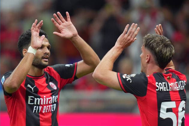 AC Milan™s Goncalo Ramos celebrates after scoring 1-0 , AC Milan s Alexis Saelemaekers during the Serie A soccer match between Ac Milan and Venezia at the San Siro Stadium in Milan, north Italy - Friday August 28 , 2026. - Soccer  Copyright: xSpada LaPressex
