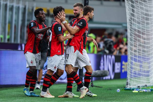 Ardon Jashari of AC Milan celebrates with his teammates after scoring a goal during Serie A 2026 27 football match between AC Milan and Venezia FC Italy Copyright: xBEAUTIFULxSPORTS Carabellix