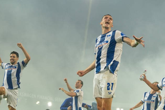 Niklas Kolbe (Hertha BSC, 27) jubelt 28.08.2026, Eintracht Braunschweig vs Hertha BSC, Fussball, 2. Bundesliga, Eintracht Stadion, Braunschweig DFL regulations prohibit any use of photographs as image sequences and or quasi-video. *** Niklas Kolbe, Hertha BSC, 27, celebrates on August 28, 2026; Eintracht Braunschweig vs. Hertha BSC; soccer; 2. Bundesliga; Eintracht Stadium, Braunschweig. DFL regulations prohibit any use of photographs as image sequences and or quasi-video. Copyright: HMBxMedia xFinnxWeidmann