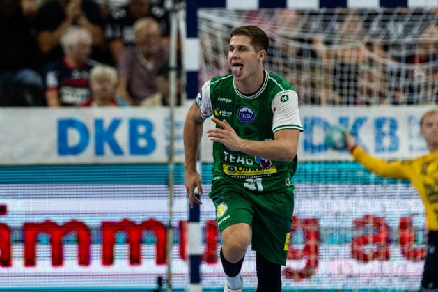 Opel HBL SG Flensburg Handewitt vs. ThSV Eisenach, August 28, 2026—Vukasin Antonijevic (No. 41) celebrates a goal; ThSV Eisenach vs. Opel HBL SG Flensburg Handewitt, GGW Arena, August 28, 2026 Copyright: xBEAUTIFULxSPORTS MarioxM.xKobergx