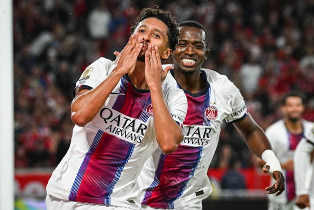 August 28, 2026, Villeneuve-D ascq, France, France: MARQUINHOS of PSG celebrate his goal with Willian PACHO of PSG during the Ligue 1 match between Lille OSC (LOSC) and Paris Saint-Germain (PSG) at Pierre Mauroy Stadium on August 28, 2026 in Villeneuve-d Ascq near Lille, France. Villeneuve-D ascq France - ZUMAm308 20260828_zsp_m308_020 Copyright: xMatthieuxMirvillex