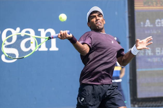 US Open qualifying final round NEW YORK, USA - AUGUST 28: Nishesh Basavareddy returns ball during a men s qualifying singles match final round of the 2026 US Open Championship at USTA Billie Jean King National Tennis Center on August 28, 2026 in Flushing, NY. Nishesh Basavareddy won in straight sets and progressed to play in main draw of tournament. Lev Radin Anadolu New York United States. Editorial use only. Please get in touch for any other usage.  Copyright: x2026xAnadoluxLevxRadinx