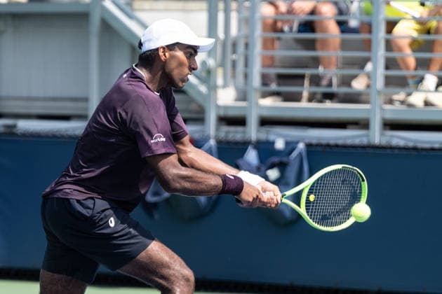 US Open qualifying final round NEW YORK, USA - AUGUST 28: Nishesh Basavareddy returns ball during a men s qualifying singles match final round of the 2026 US Open Championship at USTA Billie Jean King National Tennis Center on August 28, 2026 in Flushing, NY. Nishesh Basavareddy won in straight sets and progressed to play in main draw of tournament. Lev Radin Anadolu New York United States. Editorial use only. Please get in touch for any other usage.  Copyright: x2026xAnadoluxLevxRadinx