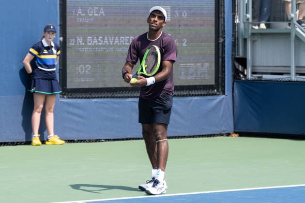 US Open qualifying final round NEW YORK, USA - AUGUST 28: Nishesh Basavareddy serves during a men s qualifying singles match final round of the 2026 US Open Championship at USTA Billie Jean King National Tennis Center on August 28, 2026 in Flushing, NY. Nishesh Basavareddy won in straight sets and progressed to play in main draw of tournament. Lev Radin Anadolu New York United States. Editorial use only. Please get in touch for any other usage.  Copyright: x2026xAnadoluxLevxRadinx