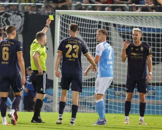 CFC vs. FC Carl Zeiss Jena, August 28, 2026, Chemnitz, eins Stadium on Gellertstrasse, Sports, Soccer, Northeast Regional League 2026–2027, Matchday 7, CFC, CFC vs. FC Carl Zeiss Jena, Yellow card for Sören Reddemann, Chemnitz, Saxony, Germany