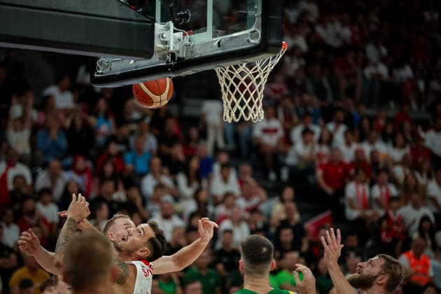 Turkiye vs Lithuania Fiba Basketball 2027 World Cup European Qualifiers Yigitcan Saybir of Turkiye grabs the rebound during the Fiba Basketball 2027 World Cup European Qualifiers Group J match between Turkiye and Lithuania at Turkcell Basketball Gelistirme Merkezi on August 28, 2026 in Istanbul, Turkey Istanbul Istanbul Turkey Copyright: xBurakxBasturkx