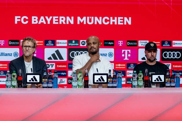 Dieter Nickles (Pressesprecher, FC Bayern Muenchen), Vincent Kompany (Chef-Trainer, FC Bayern Muenchen) und Sebastian Hoeness (Chef-Trainer, VfB Stuttgart) bei der Pressekonferenz nach dem Spiel GER, FC Bayern Muenchen vs. VfB Stuttgart, Fussball, Bundesliga, 1. Spieltag, Spielzeit 2026 2027, 28.08.2026. (DFL DFB REGULATIONS PROHIBIT ANY USE OF PHOTOGRAPHS as IMAGE SEQUENCES and or QUASI-VIDEO). Foto: HMB Media Heike Feiner *** Dieter Nickles, Press Officer, FC Bayern Munich; Vincent Kompany, Head Coach, FC Bayern Munich; and Sebastian Hoeness, Head Coach, VfB Stuttgart, at the postgame press conference for the match between FC Bayern Munich and VfB Stuttgart, soccer, Bundesliga, Matchday 1, 2026–2027 season, August 28, 2026. DFL and DFB regulations prohibit any use of photographs as image sequences and or quasi-video. Photo: HMB Media, Heike Feiner Copyright: HMBxMedia HeikexFeiner