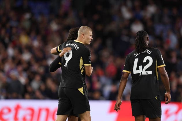 28th August 2026; Selhurst Park, Selhurst, London, England; Premier League Football, Crystal Palace versus Manchester City; Erling Haaland of Manchester City celebrates his goal in the 84th minute for 1-4 KatiexChan