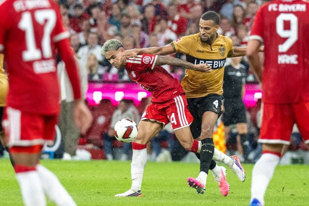Luis Diaz 14 (FC Bayern Muenchen) im Zweikampf mit Josha Vagnoman 4 (VfB Stuttgart), FC Bayern Muenchen - VfB Stuttgart, Fussball Bundesliga, 1. Spieltag, 28.08.2026 DFB regulations prohibit any use of photographs as image sequences and or quasi-video Muenchen Bayern Deutschland *** Luis Diaz 14 (FC Bayern Munich) in a tackle with Josha Vagnoman 4 (VfB Stuttgart), FC Bayern Munich vs. VfB Stuttgart, Bundesliga, Matchday 1, August 28, 2026. DFB regulations prohibit any use of photographs as image sequences and or quasi-video. Munich, Bayern, Germany Copyright: xkolbert-press UlrichxGamelx