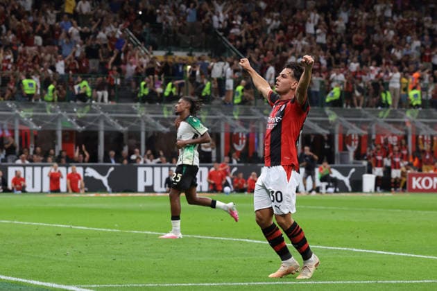 AC Milan v Venezia FC - Serie A - Giuseppe Meazza Milan, Italy, 28th August 2026. Ardon Jashari of AC Milan celebrates after his shot was parried by Filip Stankovic of Venezia FC only for it to strike Redouane Halhal of Venezia FC and finish in the net the give the hosts a 2-0 lead during the AC Milan vs Venezia FC Serie A match at Giuseppe Meazza, Milan. Picture credit should read: Jonathan Moscrop Milan Stadio Giuseppe Meazza Italy